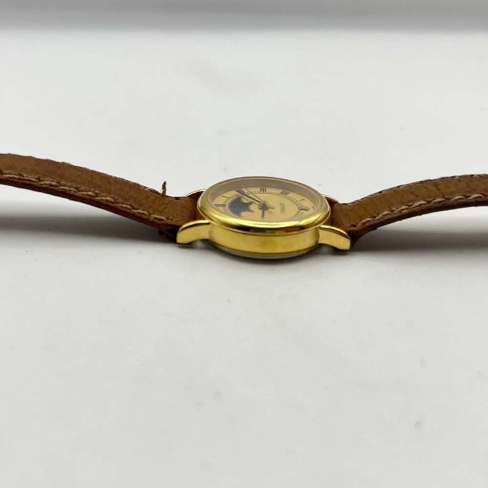 Tissot C220 Moonphase Watch Date Gold Tone Roman Numeral Brown Leather Strap